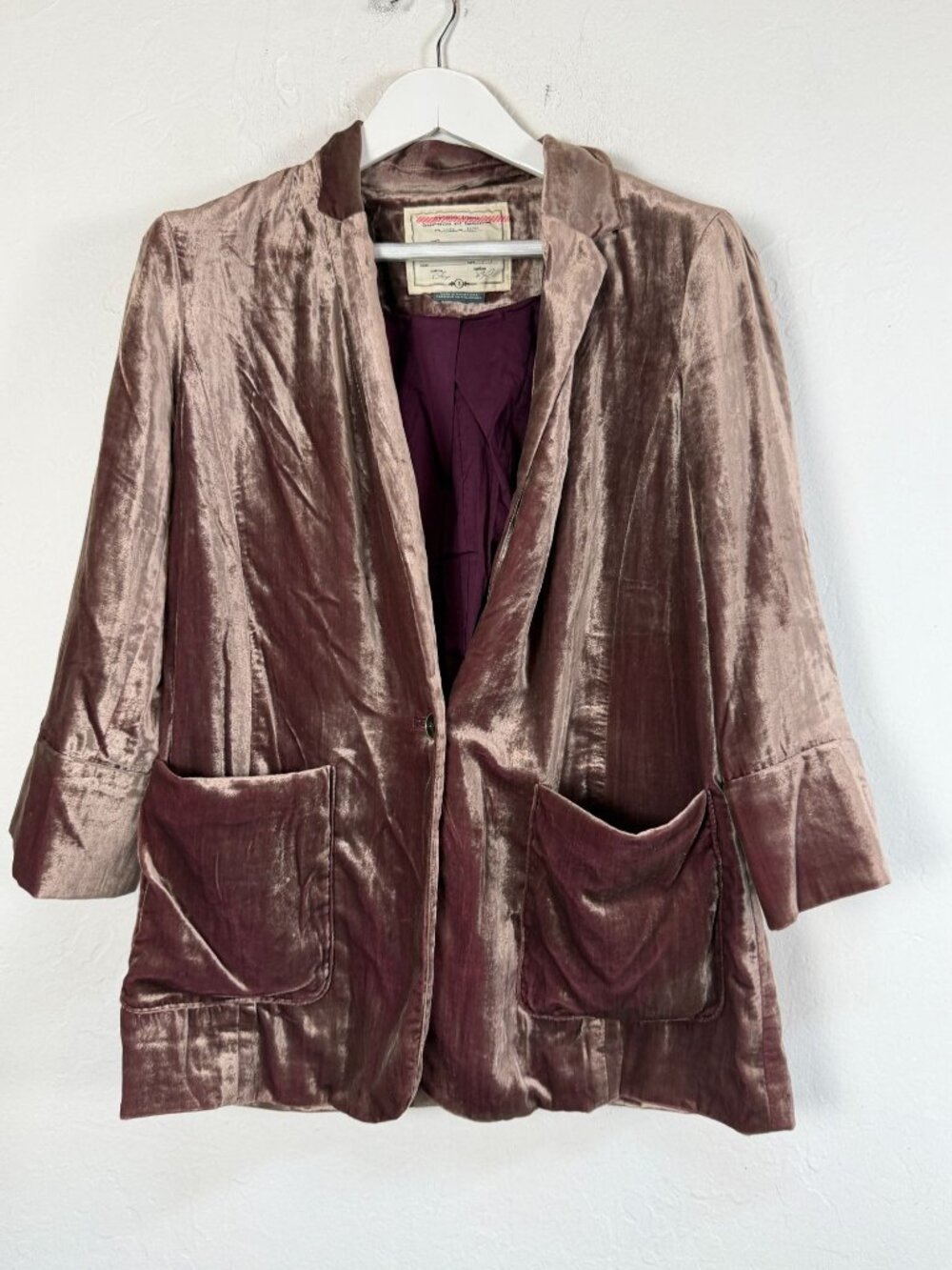 Anthropologie Cartonnier Mauve Velvet Blazer Jacket Plum Lining Size Small